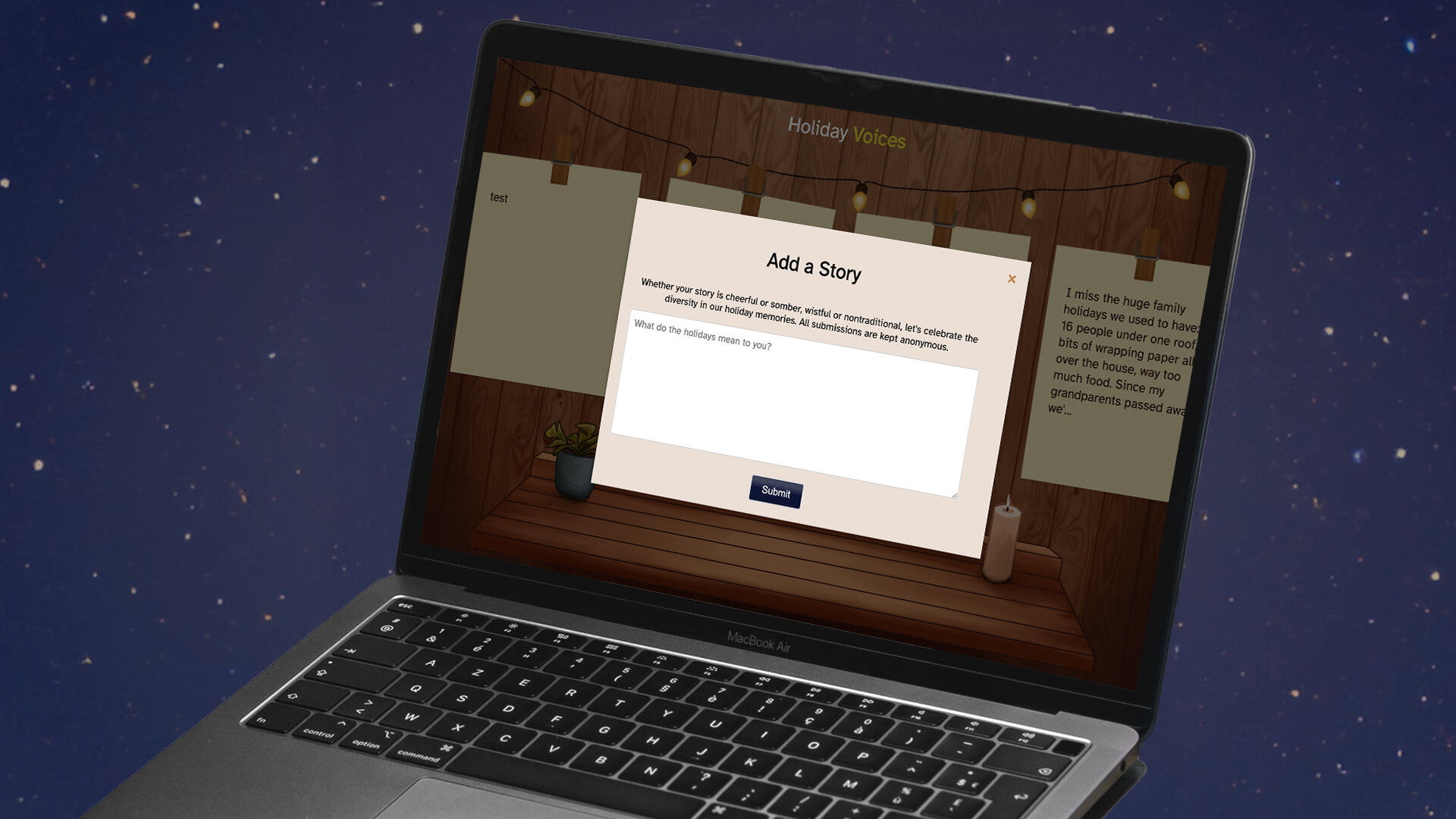Screen capture of "Holiday Voices" showing a modal text box titled "Add a Story" for the user to type in their holiday story or memory.