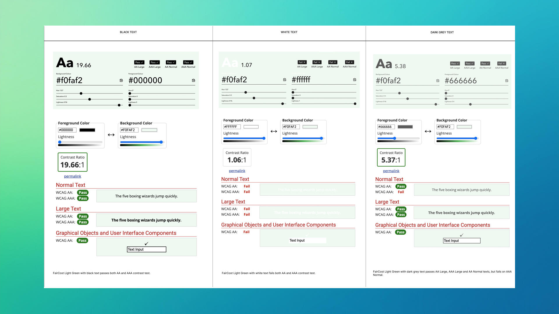 Two screens showing the contrast check for EqualPrice's light blue with screen shots from ContrastChecker and WebAIM.