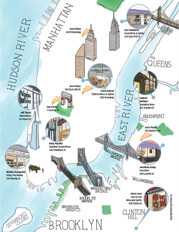 June 2018 "Retailer Challenge: The NY Slice" Map A top down digital illustration of Manhattan, Brooklyn and Queens, showcasing famous landmarks, bridges and mentioned wine shops in Wine & Spirits' June 2018 feature story, "Retailer Challenge: The NY Slice."