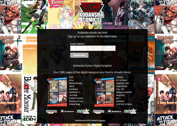 Kodansha Comics eBook Landing Page Website design of Kodansha Comics' ePublishing platform on a webpage.