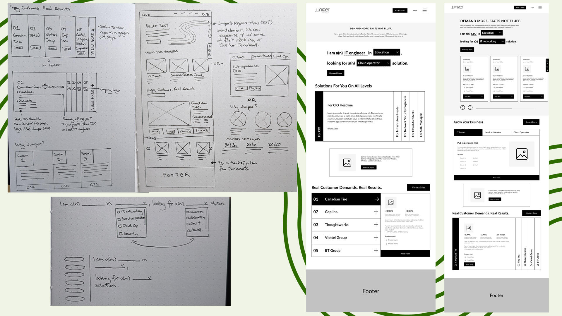 Napkin sketches of Juniper's reimagined experience on the homepage with callouts, customer success stories, word prompts and selections.