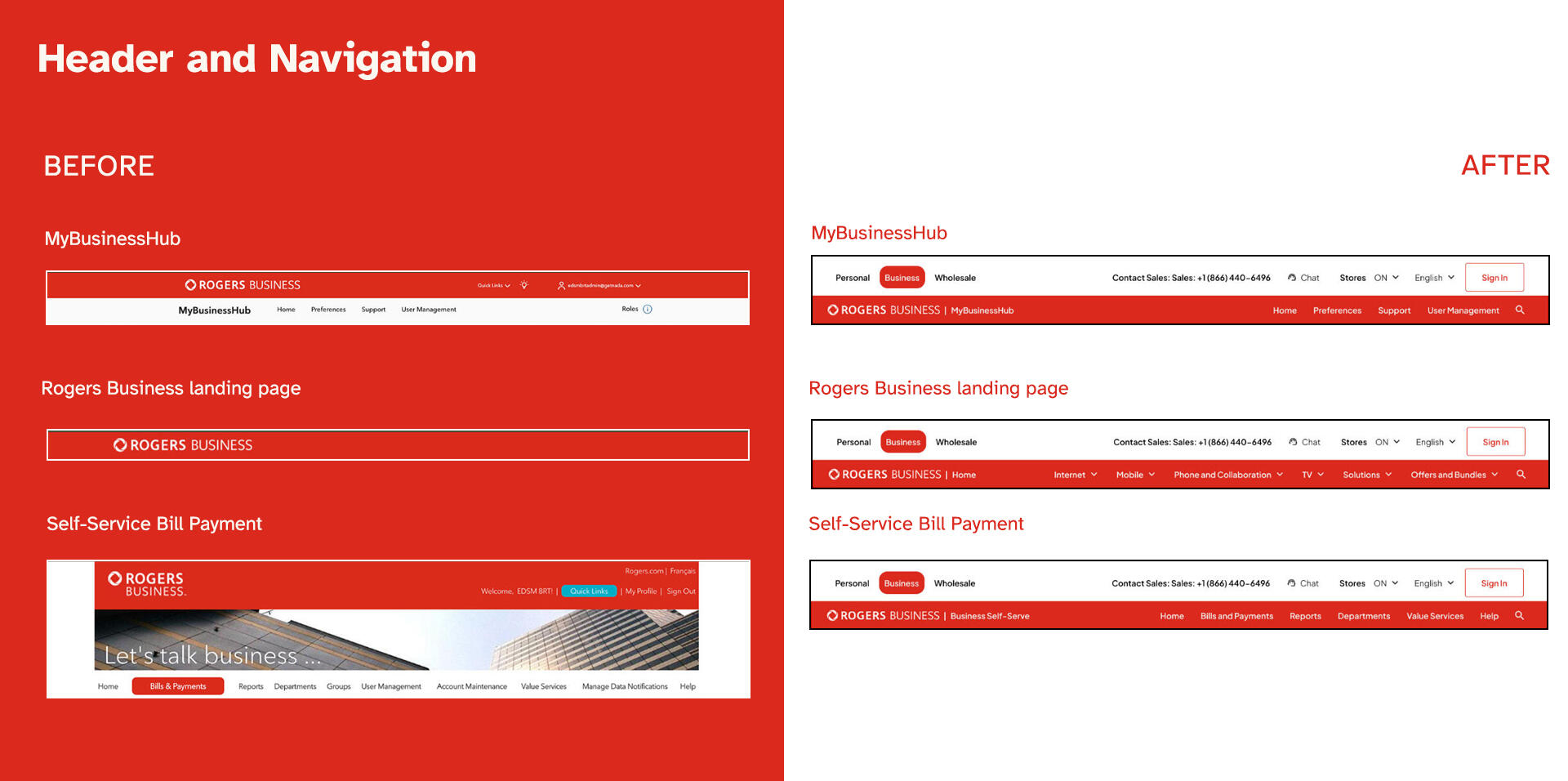 Navigation comparisons between Rogers current state to the proof of concept redesign. Navigation comparisons between Rogers current state to the proof of concept redesign.