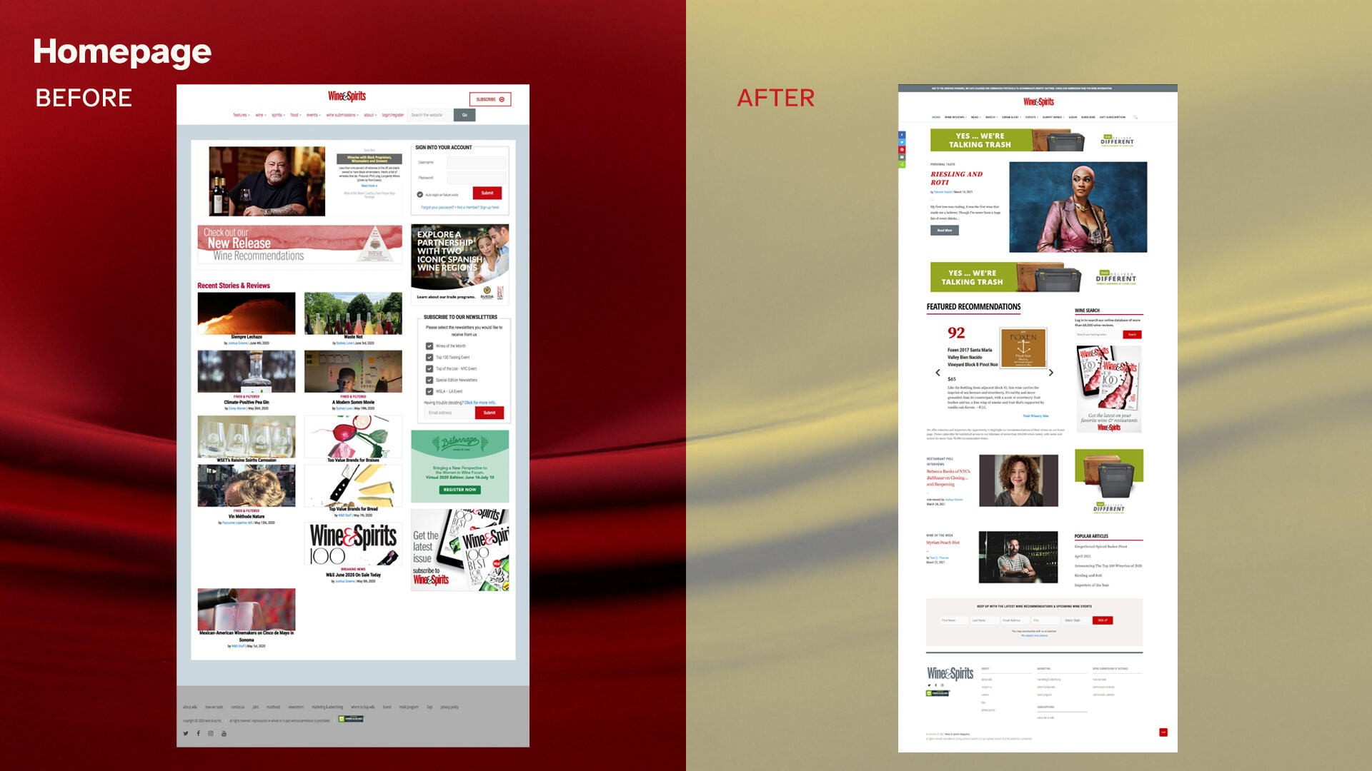 Before and after reveal of *Wine & Spirits* homepage