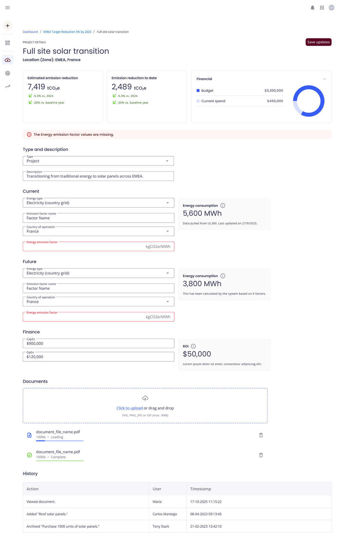 A page to edit a decarbonization project details. There's several fields that's filled out and some empty.
