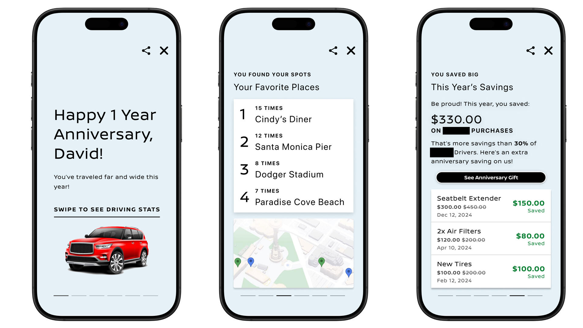 3 mobile screens showing David's driving analytics with his R-Model vehicle to celebrate his 1 year anniversary as a MyCar* owner.