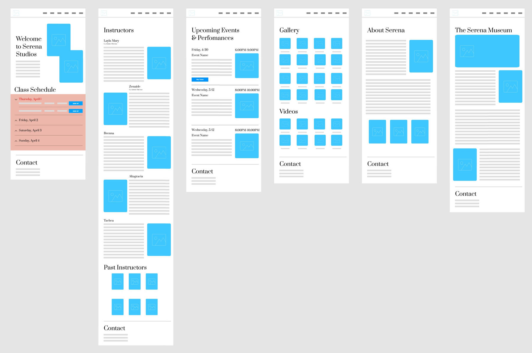 Wireframe illustrations and notes about how the site should look.