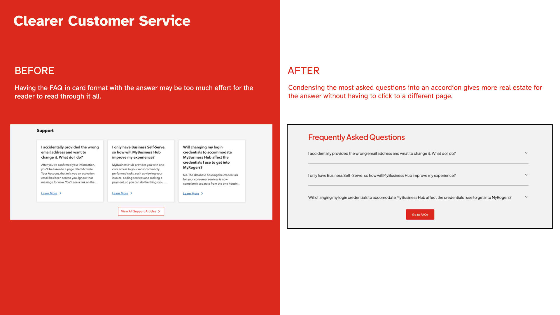 Layout comparison between Rogers FAQ section to the proof of concept design with a cleaner UI.