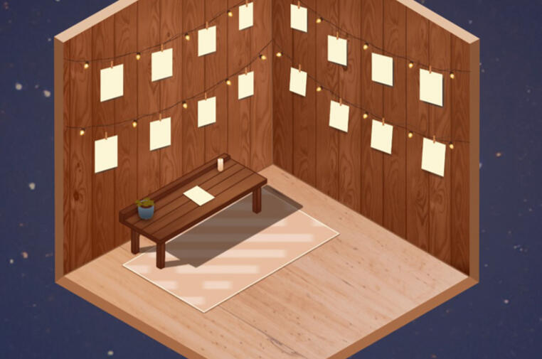 A small diorama-like room in the middle of a sea of stars. The room has a wooden table with a stack of paper in the middle and the walls are decorated with fairy lights and clothes pinned letters.