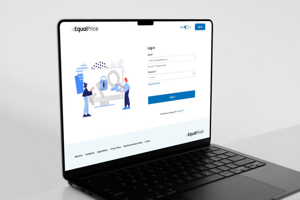 A laptop screen showing a login page to EqualPrice.