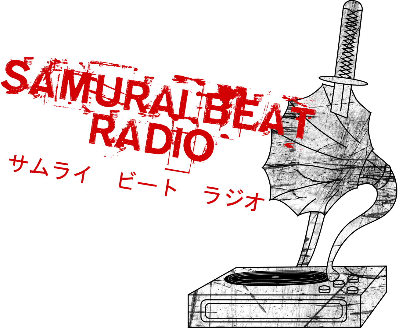 Logo of Samurai Beat Radio of a gramophone with the speaker partially stabbed through by a katana.