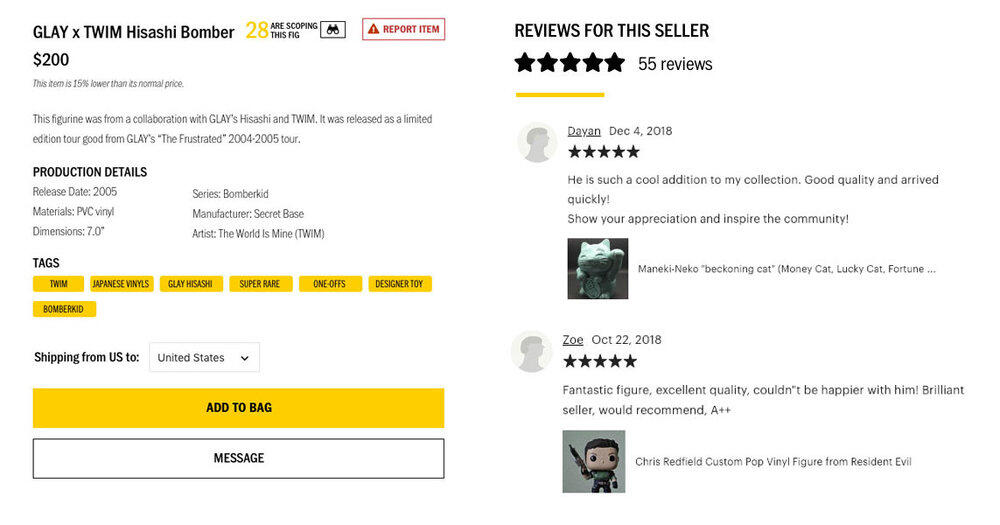 Screenshot of an item's details, with site tags, add to bag button and message seller button, along with buyer reviews.